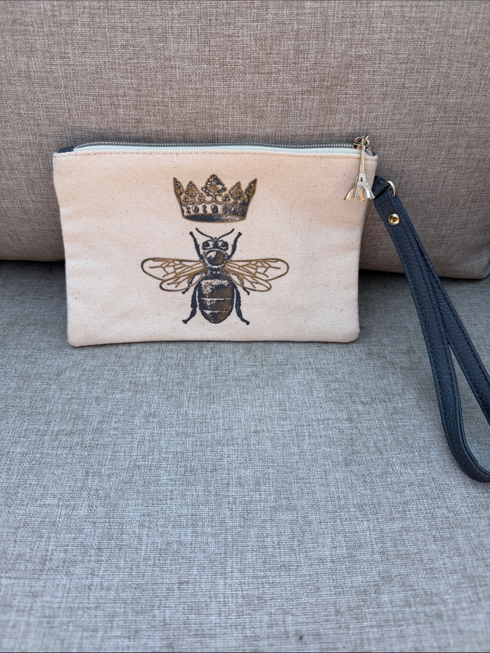 Canvas Bee Wristlet Clutch in Cream with gray Strap